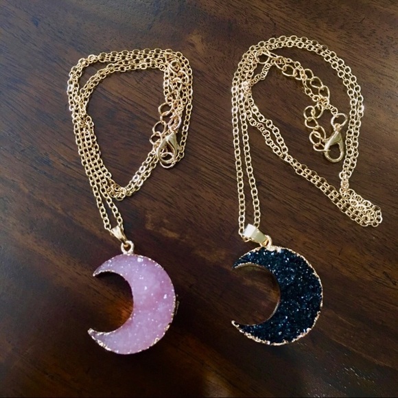 Black Druzy Crystal Resin Moon Necklace - Picture 6 of 8